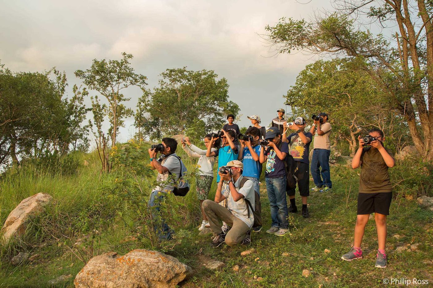 A group of camp participants spread across a hillside, cameras raised, photographing birds